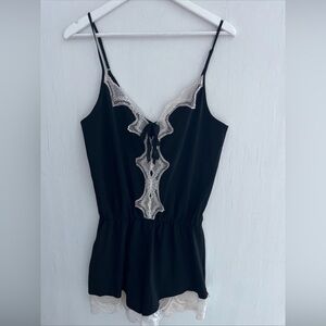 OSCAR DE LA RENTA Black 1-Piece Teddy Romper Lingerie Lace Trim Size L